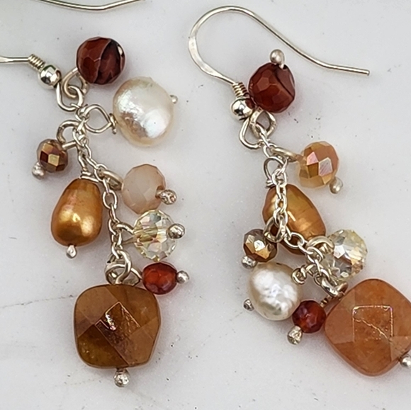 CARNELIAN, PEARLS, & CRYSTALS HANDMADE CASCADE EARRINGS .925 STERLING SILVER - Picture 6 of 6